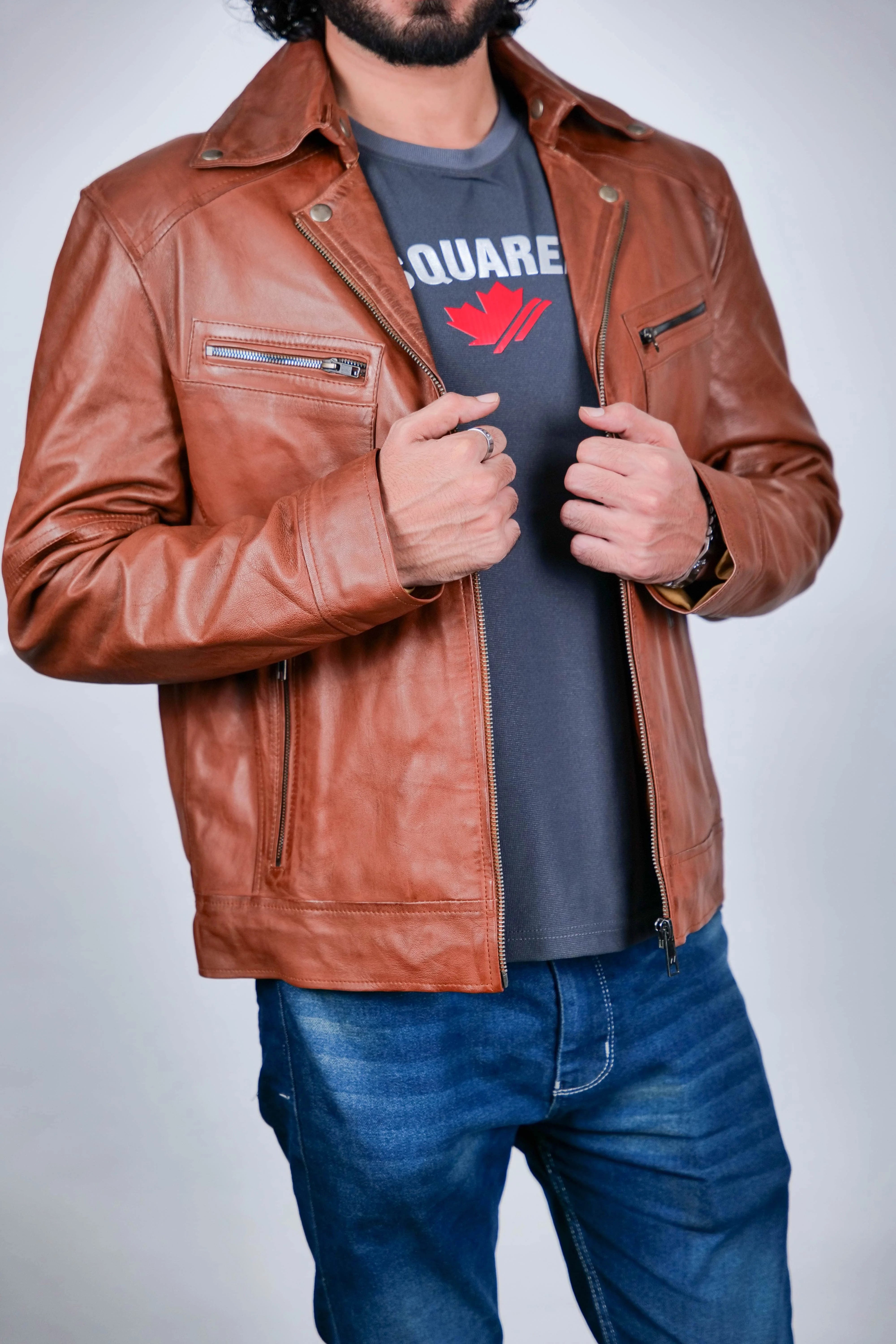 Classic Brown Leather Jacket for Men - Genuine Leather, Stylish Fit