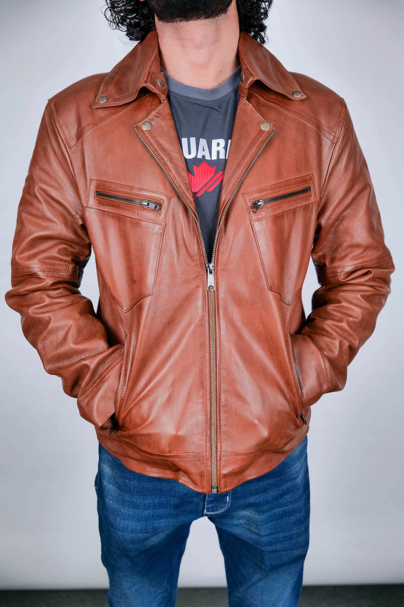 Classic Brown Leather Jacket for Men - Genuine Leather, Stylish Fit